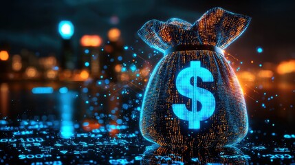 Poster - Futuristic digital bag with dollar sign symbol representing wealth financial success and economic prosperity  Conceptual 3D of digital currency blockchain technology and modern banking and investment