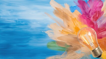 Poster - Vibrant Creativity Colorful Light Bulb Floating Over Scenic Landscape   Concept of Innovative Solutions Amid Nature s Backdrop