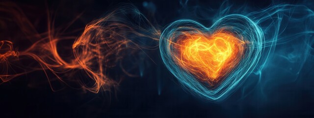 Poster - Vibrant Abstract Heart Shape with Glowing Blue and Orange Light Trails on Dark Background