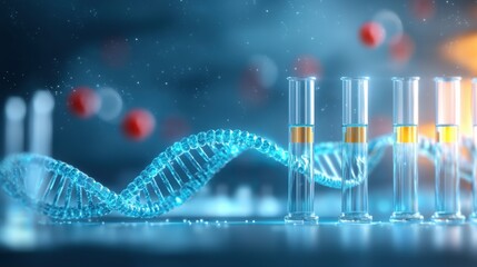 Poster - Closeup view of scientific glassware equipment like beakers test tubes and pipettes with a blurry DNA double helix molecule in the background