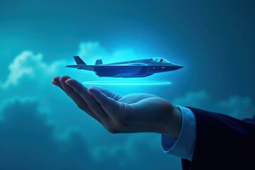 Aufkleber - Man is holding out his hand with small jet flying above