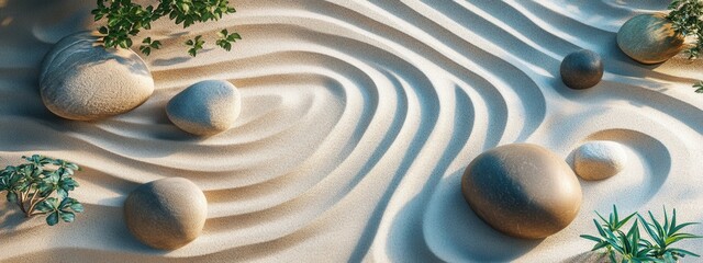 Poster - Serenity of Sand and Stone in a Tranquil Zen Garden Setting with Flowing Patterns