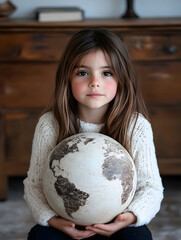 Poster - Young Girl Holding Vintage Globe Emphasizing Global Awareness and Education in a Home Interior : Generative AI