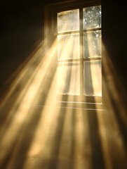 Poster - Golden Sunrays Streaming Through a Vintage Window Illuminating the Dust Particles in the Air : Generative AI
