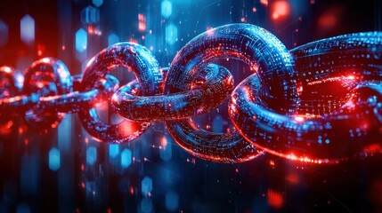 Poster - Mesmerizing 3D rendering of a futuristic interconnected network of glowing spherical particles in a dynamic vibrant display of red and blue neon lights