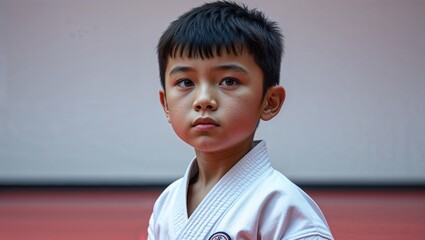 Wall Mural - A young East Asian boy practicing karate in a gi in a dojo in closeup portrait on a plain white background