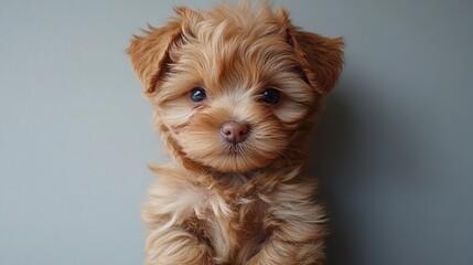 Wall Mural - Fluffy brown puppy portrait on gray studio backdrop