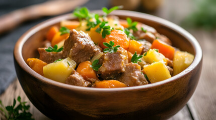 Poster - Delicious homemade beef stew with carrots potatoes and herbs in a rustic wooden bowl : Generative AI