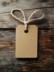 Poster - Blank Brown Paper Tag with String on Rustic Wooden Background for DIY Crafts : Generative AI