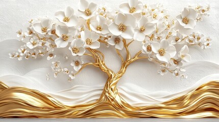 Poster - Ethereal Golden Tree of Life Blossoms   Surreal Nature Floral Abstract Digital Art Background  Whimsical