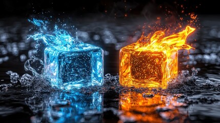 Poster - Dramatic visual of a fiery ice cube in a collision creating a powerful contrast between the elements of fire and ice in dynamic motion
