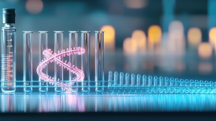 Poster - glassware and liquids arranged in a minimalist modern laboratory setting with colorful reflections a