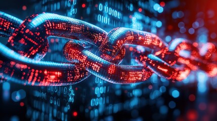 Futuristic blockchain technology digital network connecting information with data link chain  Abstract technological background with illuminated digital code and chain