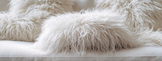 Poster - Soft and Fluffy White Textile Pillows on a Neutral Sofa for Cozy Home Decor