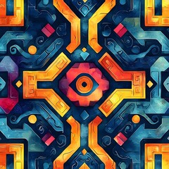 Wall Mural - Vibrant Aztec Inspired Tribal Pattern with Intricate Geometric Shapes and Teal Orange Color Palette