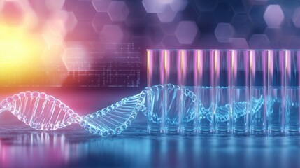 Poster - Futuristic digital backdrop with glowing 3D molecular DNA structure and geometric patterns in a cyberpunk inspired digital landscape  Conceptual image representing intelligence and innovation