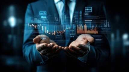 Poster - Futuristic corporate finance analytics and data visualization dashboard with market graphs charts and financial reports displayed in a holistic digital interface