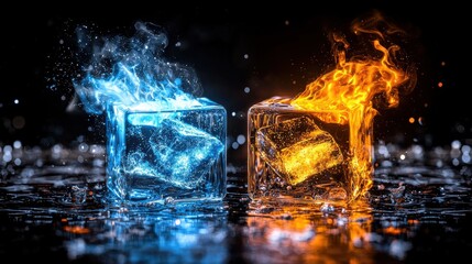 Poster - Clashing Elements   Fiery Cube and Icy Crystal in Dramatic Collision of Fire and Ice Representing the Power and Contrast of Opposing Natural Forces in a Captivating 3D Render