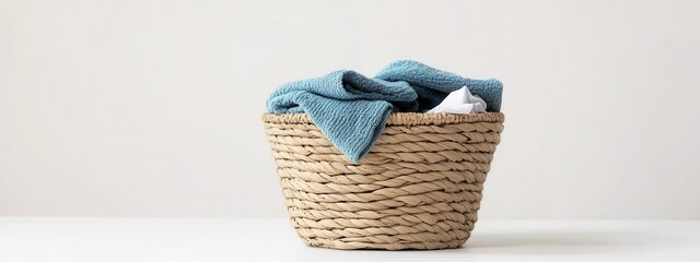 Poster - Woven Basket with Soft Textiles on Simple Background for Cozy Home Interior Design