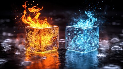 Poster - Fiery ice cubes colliding in a dramatic composition showcasing the collision of contrasting elements   heat and cold fire and water in a captivating visual metaphor
