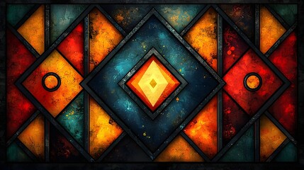 Poster - Vibrant Tribal Geometric Pattern with Glowing Diamond Shapes in Earthy Tones for Graphic Design Layout and Background Concept