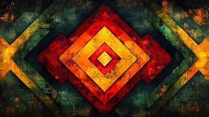 Poster - Vibrant Tribal Geometric Stripes with Glowing Diamond Shapes in Earthy Tones