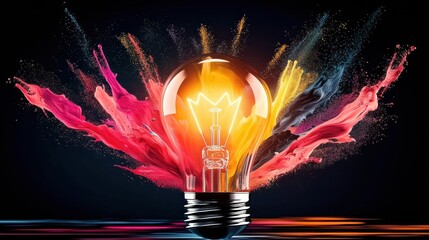 Poster - Radiant energy exploding from a glowing lightbulb symbolizing innovation creativity and limitless potential for success and progress  The image represents the spark of ignition of ideas