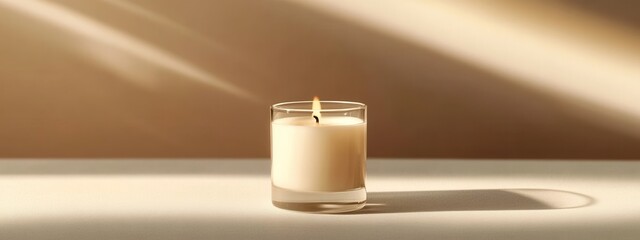 Poster - Elegant single candle in a glass holder casting soft shadows on a minimalistic background