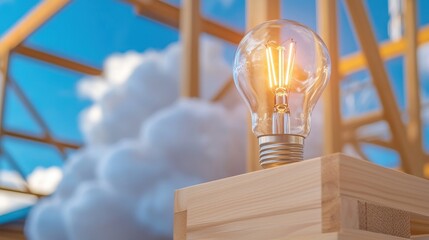 Poster - Illuminated light bulb with glowing filament against a bright blue sky with wispy white clouds  The concept of creative solutions