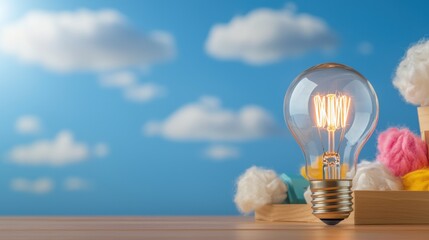 Poster - glowing light bulb resting on a wooden surface representing and innovation the bright filament illum