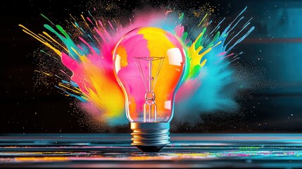 Poster - Vibrant colorful explosion of energy and creativity bursting from a glowing lightbulb symbolizing and ingenuity  A dynamic
