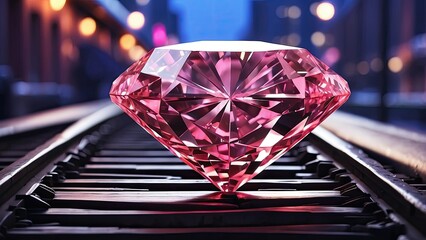 A large, faceted red gemstone resting on railroad tracks