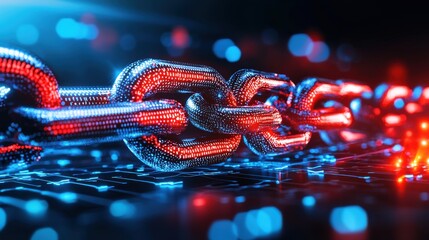 Poster - Interconnected steel chain links glowing in vivid neon lights creating an abstract and futuristic technology concept  The image depicts a complex intricate network of metal components fused together