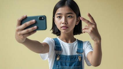 A teenage East Asian girl taking selfies in casual summer attire in the city in closeup portrait on a plain pale yellow background