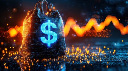 Poster - Glowing Dollar Sign Bag on Colorful Financial Graph Backdrop with Sparkling Bokeh Lights   Concept of Profitable Investment Successful Financial Growth and Wealth Accumulation in the Market