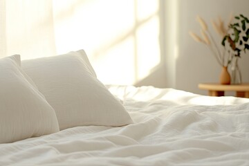 Wall Mural - Soft pillows on neatly arranged bed bathed in warm natural light