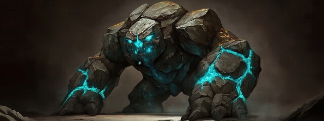 Poster - Enormous Stone Creature with Glowing Blue Veins in Dark Fantasy Environment