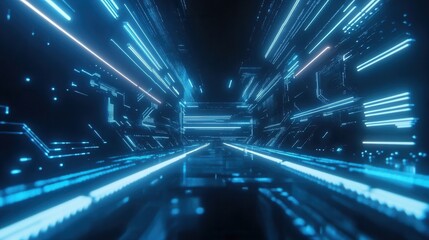 Poster - Futuristic Digital Tunnel with Bright Neon Lights and Circuit Patterns in Dark Environment