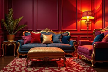 Poster - Red walls of living room are painted in rich color
