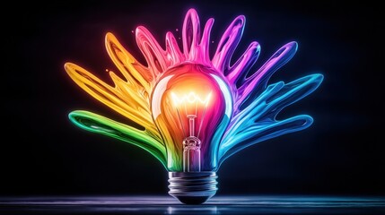 Poster - Vibrant neon lightbulb with rainbow color rays emanating from it symbolizing creativity innovation and the boundless potential for new ideas and solutions