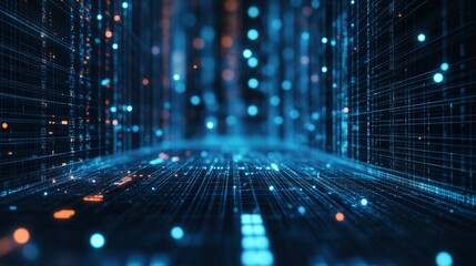 Fototapete - Abstract Digital Background with Glowing Blue Lines and Dots Creating a Futuristic Atmosphere