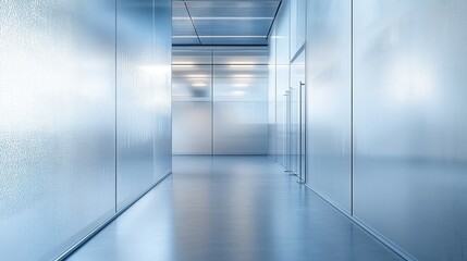 Poster - Modern Minimalist Interior Hallway with Sleek Glass Walls and Soft Lighting Effects