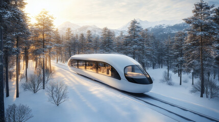 Aufkleber - A futuristic train glides through a snowy forest, bathed in warm sunlight, showcasing a blend of nature and modern technology