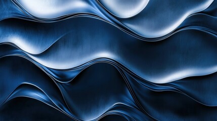 Poster - Abstract Waves of Fluid Blue Metallic Texture with Smooth Surface and Soft Reflective Light