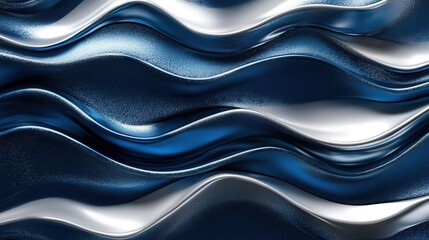 Poster - Abstract waves of deep blue and silver flowing fabric with glossy texture and dynamic movement