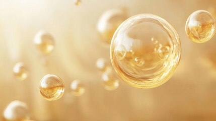 Poster - Shimmering golden bubbles float in a soft-focused background, creating an ethereal and luminous atmosphere