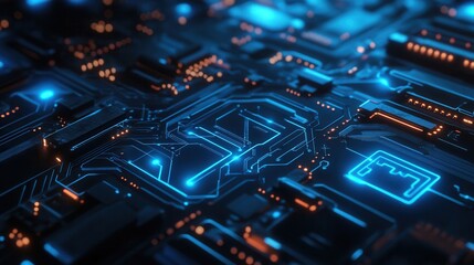 Poster - Futuristic Circuit Board Background with Glowing Blue and Orange LED Lights in a Digital Realm