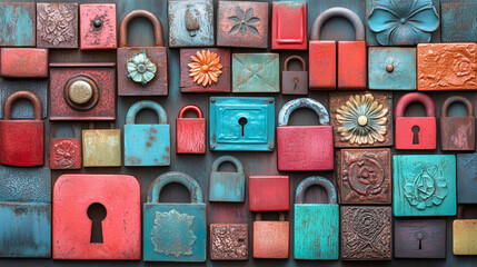 Poster - A vibrant collection of decorative locks in various shapes and colors, showcasing intricate designs and textures