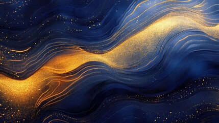 Poster - Abstract Flow of Blue and Gold Waves with Sparkling Texture in a Dreamlike Composition