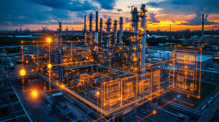 Poster - A vibrant industrial complex during sunset, featuring illuminated structures and smokestacks, showcasing advanced technology and energy production